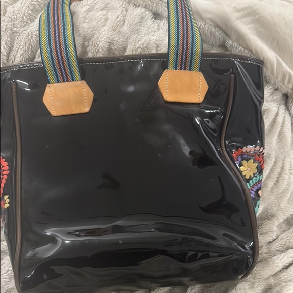 Consuela Black Tote Bag with Colorful Appliqués and Striped Strap - Picture 8 of 12